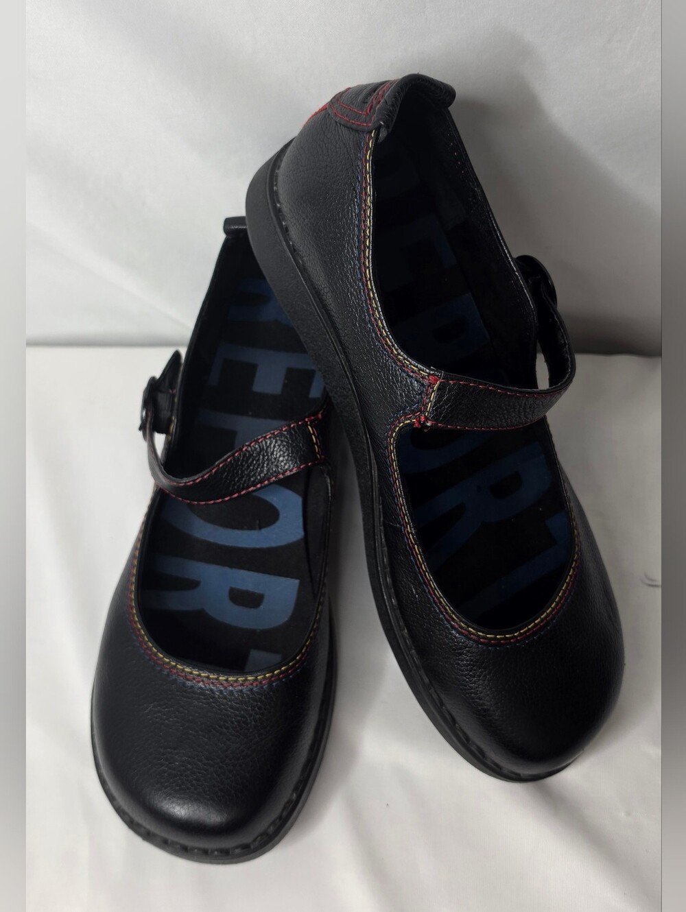 REPORT Shoes Womens 8.5 Black Leather Mary Jane Flats AnkleStrap Rainbow Stitch